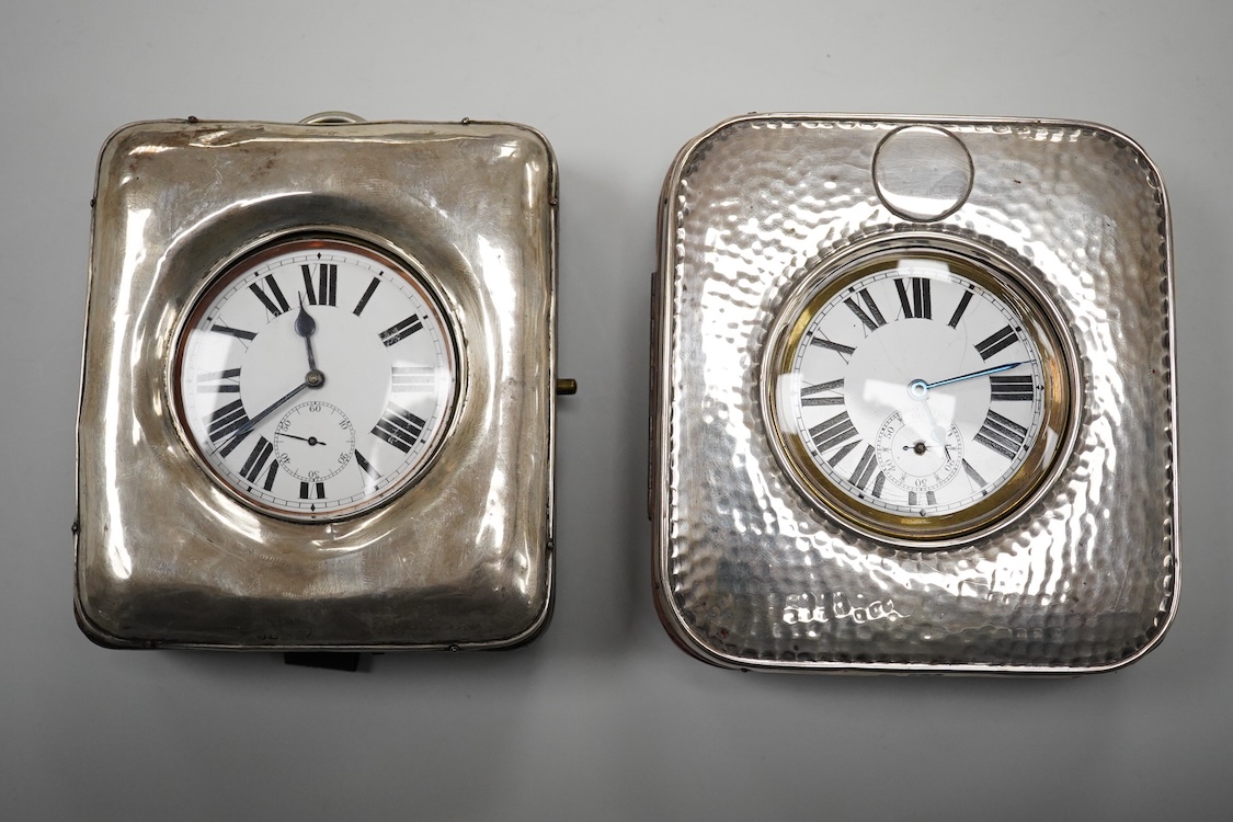 Two Edwardian silver mounted leather travelling watch cases, Chester 1905 and Birmingham, 1907, both containing a chrome cased keyless pocket watch.